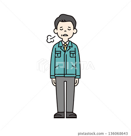 Full-body vector illustration of a middle-aged businessman/worker wearing work clothes sighing and looking down 136068643