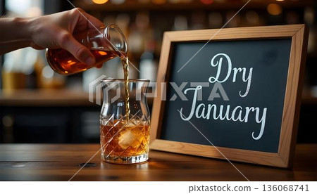 A minimalist image featuring an empty glass and a prohibition sign, representing the Dry January challenge and alcohol-free living 136068741