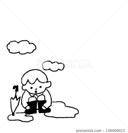 Monochrome line drawing of a boy crouching after the rain. For children's letters and announcements. 136069023