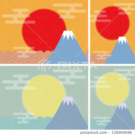 日出時分的風景,背景是富士山。藍色海浪圖案的大海插圖。豎版和橫版彩色圖。 日出時分的風景,背景是富士山。藍色海浪圖案的大海插圖。豎版和橫版彩色圖。 136069096