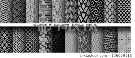 Geometric set of seamless black and gray patterns. Simple vector graphics Geometric set of seamless black and gray patterns. Simple vector graphics 136069118