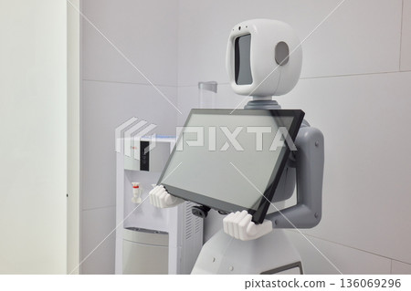 Quiet medical consultation robot, Remote healthcare robot with screen and camera setup, Hospital telepresence robot equipped for patient monitoring and interaction 136069296