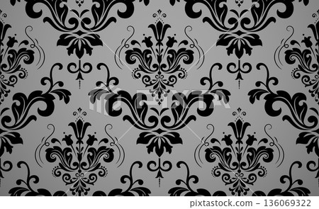 Wallpaper in the style of Baroque. Gray and black floral ornament. Seamless vector background. Graphic pattern for fabric, wallpaper, packaging. Ornate Damask flower illustration Wallpaper in the style of Baroque. Gray and black floral ornament. Seamless vector background. Graphic pattern for fabric, wallpaper, packaging. Ornate Damask flower illustration 136069322