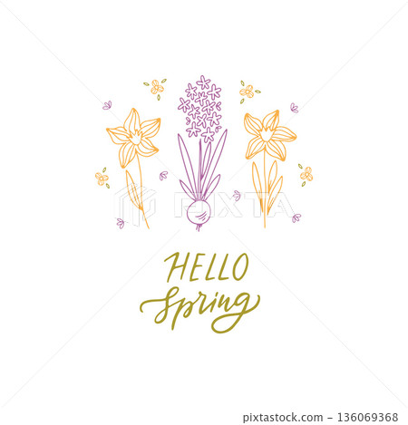 Hello spring lettering with whimsical hand drawn flowers Hello spring lettering with whimsical hand drawn flowers 136069368