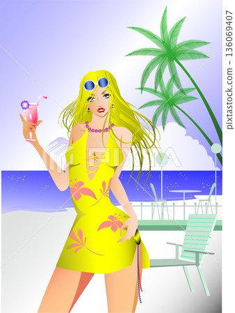 海灘上拿著雞尾酒的女子 海灘上拿著雞尾酒的女子 136069407