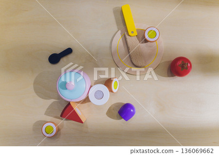 Colorful wooden breakfast setting, Vivid miniature breakfast scene with natural lighting, Educational play area featuring lively wooden fruits and breakfast arrangement Colorful wooden breakfast setting, Vivid miniature breakfast scene with natural lighting, Educational play area featuring lively wooden fruits and breakfast arrangement 136069662