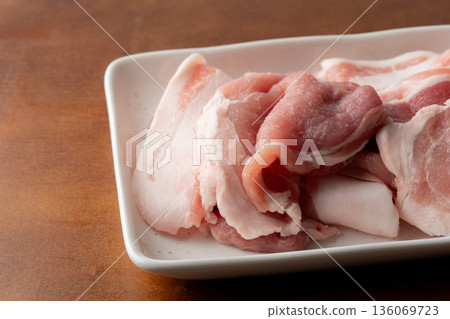 Close-up of raw pork on a plate Close-up of raw pork on a plate 136069723