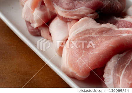 Close-up of raw pork on a plate Close-up of raw pork on a plate 136069724