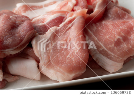 Close-up of raw pork on a plate Close-up of raw pork on a plate 136069728