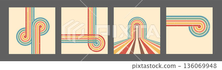 Stripe rainbow groovy. Set of Modern beige square backdrops with playful geometric shapes and arches. Retro or futuristic design. Vector illustration Stripe rainbow groovy. Set of Modern beige square backdrops with playful geometric shapes and arches. Retro or futuristic design. Vector illustration 136069948