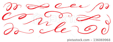 Flourish drawn swash red set. Red flourish calligraphy hand drawn pen brush ink thin stroke line..Vintage doodle swirl scroll underline text decoration texture grunge. Vector Flourish drawn swash red set. Red flourish calligraphy hand drawn pen brush ink thin stroke line..Vintage doodle swirl scroll underline text decoration texture grunge. Vector 136069968