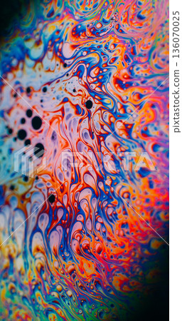 Gasoline texture defocused. Soap paint. Multicolor oil blob explosion on black background. Pigment droplet abstract stream blend spill. Gasoline texture defocused. Soap paint. Multicolor oil blob explosion on black background. Pigment droplet abstract stream blend spill. 136070025