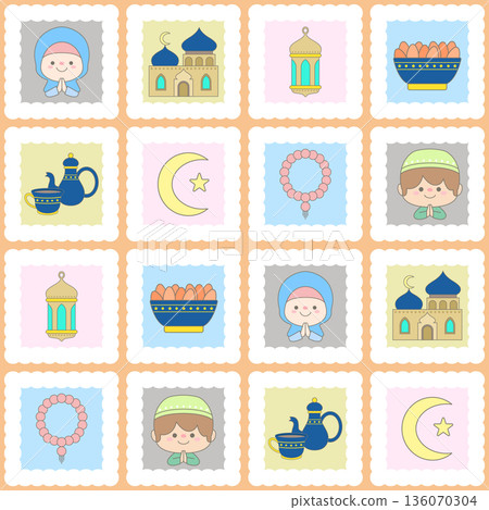 Cute Seamless Ramadan Pattern with Muslim Kids Mosque Lantern and Iftar Elements Background 136070304