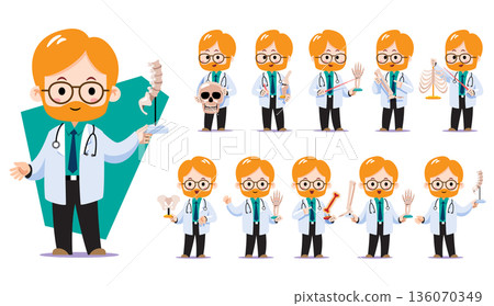 Cute chibi male european orthopedist doctor character set. Flat vector illustration featuring various human bone models for anatomy education and orthopedic clinic use. 136070349