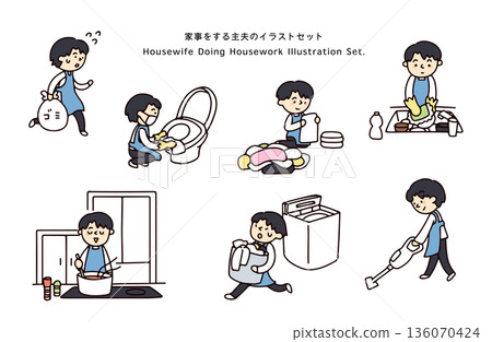 Illustration set of a househusband doing housework 136070424
