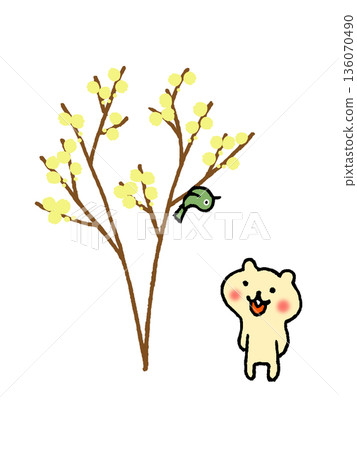 梅花、繡線菊和鶯的插圖 136070490