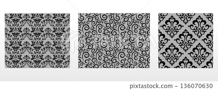 Geometric floral set of seamless patterns. Gray and black vector backgrounds. Damask graphic ornaments 136070630