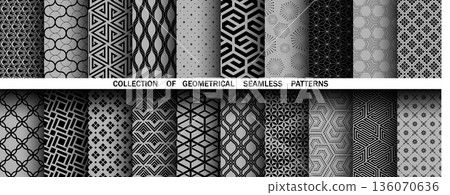Geometric set of seamless black and gray patterns. Simple vector graphics Geometric set of seamless black and gray patterns. Simple vector graphics 136070636
