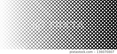 Thick to thin grid pattern gradient. Fading net gradation texture background. Black repeating mesh backdrop for overlay, cover, banner, poster. Vanishing overlapping lattice wallpaper. Vector 136070807