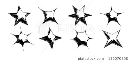 Black y2k stars abstract shapes in 3d inflated style. Techno star design element collection. Grunge balloon icon set for poster, banner, collage, flyer, streetwear, party print. Vector urban bundle Black y2k stars abstract shapes in 3d inflated style. Techno star design element collection. Grunge balloon icon set for poster, banner, collage, flyer, streetwear, party print. Vector urban bundle 136070808
