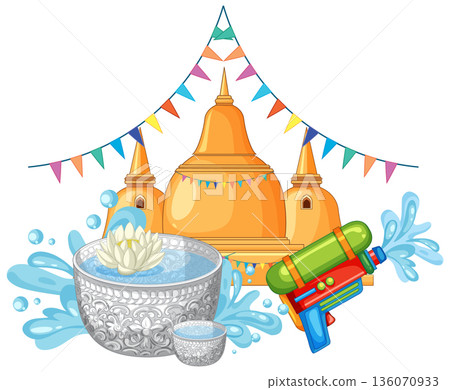 Songkran Festival Vector Illustration with Golden Pagodas and Water Gun 136070933