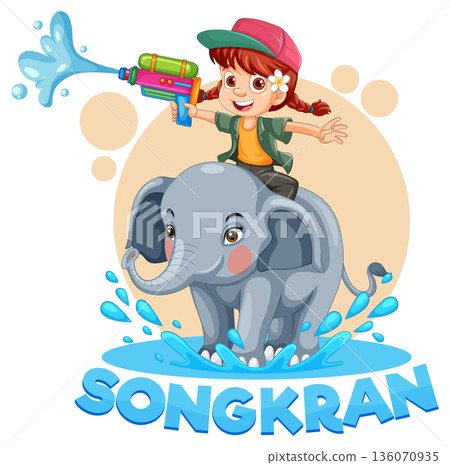 Cartoon Girl Riding Elephant and Spraying Water Gun for Songkran Festival Cartoon Girl Riding Elephant and Spraying Water Gun for Songkran Festival 136070935