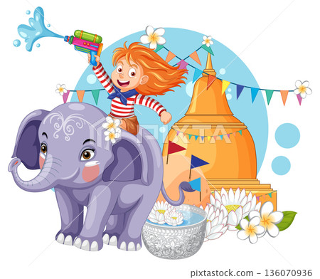 Cartoon Girl Riding Elephant Spraying Water Gun for Songkran Festival Celebration 136070936
