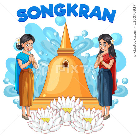 Thai Women in Traditional Dress Celebrating Songkran Festival with Golden Pagoda 136070937