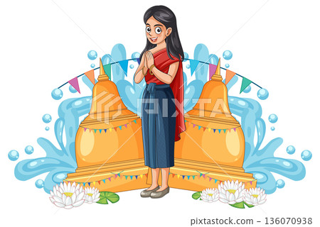 Thai Woman in Traditional Dress Celebrating Songkran Festival with Water Splashes 136070938