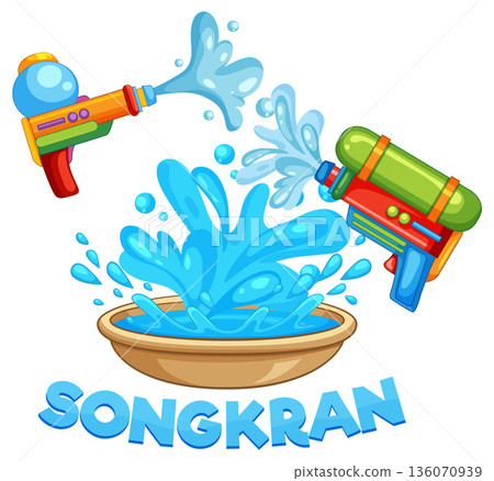 Songkran Festival Illustration with Water Guns and Splashing Water Bowl 136070939