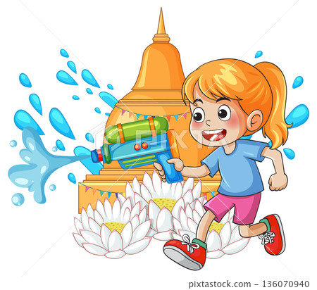 Young Girl Playing with Water Gun During Songkran Festival Celebration Young Girl Playing with Water Gun During Songkran Festival Celebration 136070940