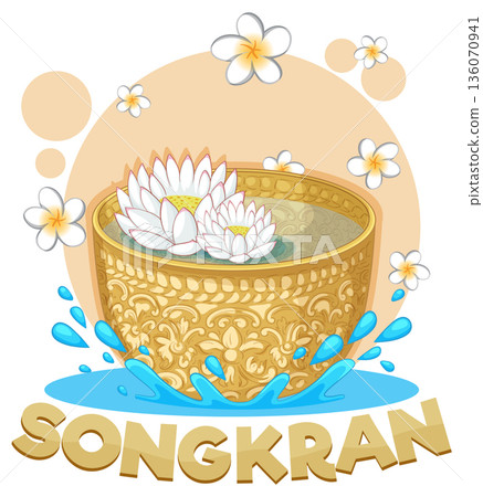 Traditional Thai Songkran Festival Illustration with Golden Water Bowl and Flowers 136070941