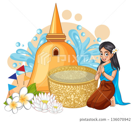 Thai Woman Celebrating Songkran Festival with Water Bowl and Golden Pagoda 136070942