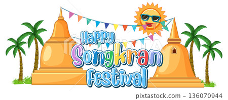 Happy Songkran Festival Vector Illustration with Golden Pagodas and Palm Trees 136070944