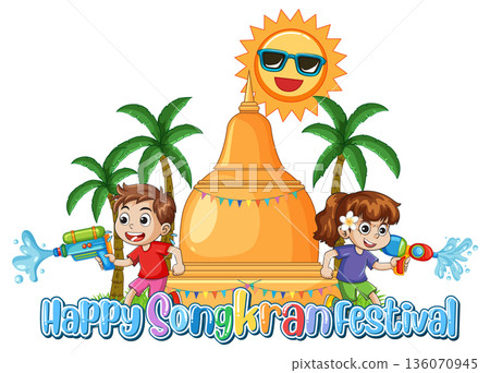 Happy Songkran Festival Illustration with Children Playing with Water Guns 136070945