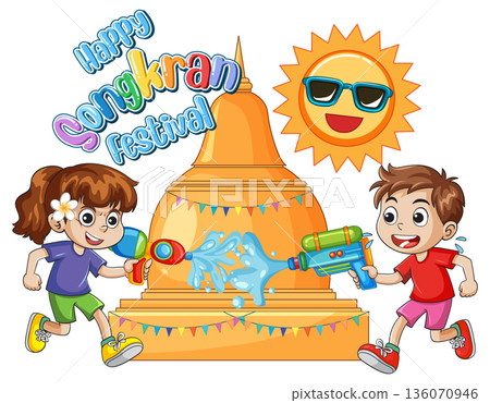 Children Playing with Water Guns During Happy Songkran Festival Celebration Children Playing with Water Guns During Happy Songkran Festival Celebration 136070946