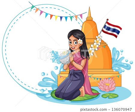 Thai Woman Celebrating Songkran Festival with Water Bowl and Pagoda Background 136070947