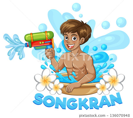 Young Man Celebrating Songkran Festival with Water Gun and Frangipani Flowers 136070948