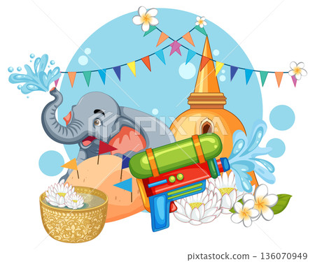Songkran Festival Vector Illustration with Elephant Water Gun and Pagoda 136070949