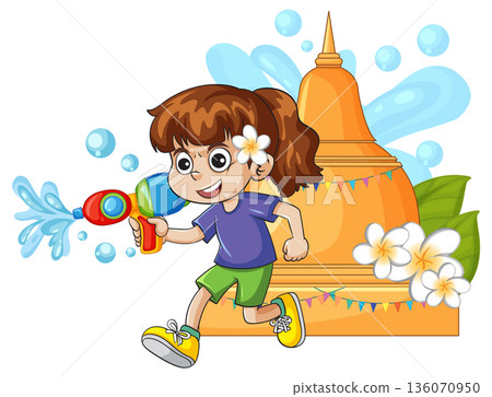 Young Girl Playing with Water Gun During Songkran Festival Celebration Young Girl Playing with Water Gun During Songkran Festival Celebration 136070950