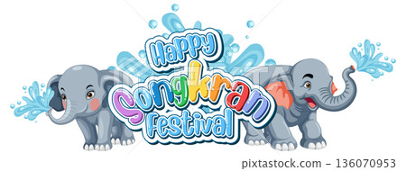 Happy Songkran Festival Vector Illustration with Cartoon Elephants Spraying Water 136070953