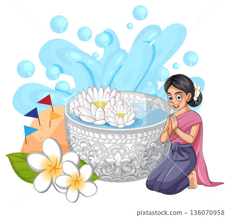 Thai Woman Kneeling with Silver Water Bowl for Songkran Festival Celebration 136070958