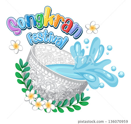 Songkran Festival Vector Illustration with Silver Water Bowl and Frangipani Flowers 136070959