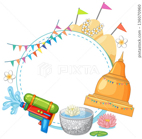 Songkran Festival Vector Frame with Water Gun and Golden Pagoda Songkran Festival Vector Frame with Water Gun and Golden Pagoda 136070960