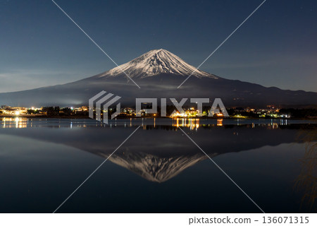 Inverted Mount Fuji illuminated by moonlight at Lake Kawaguchi in winter Inverted Mount Fuji illuminated by moonlight at Lake Kawaguchi in winter 136071315