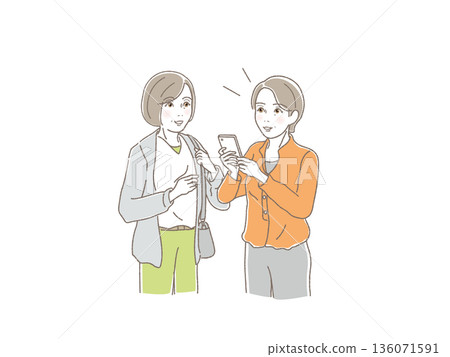 兩位老年女性邊看智慧型手機邊聊天,中年和老年女性,朋友,外出,旅行,散步,向量圖 兩位老年女性邊看智慧型手機邊聊天,中年和老年女性,朋友,外出,旅行,散步,向量圖 136071591