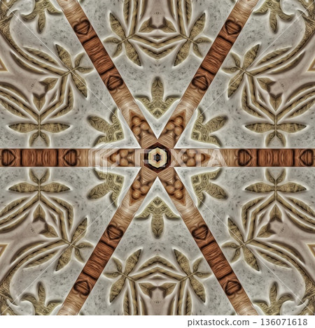 Design features an elegant wooden carved pattern inspired by traditional craftsmanship. Intricate relief and natural wood textures add warmth and depth, ideal for tiles, flooring, wall covering 136071618