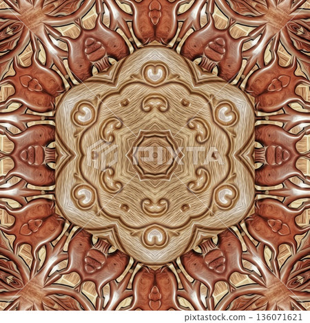 Design features an elegant wooden carved pattern inspired by traditional craftsmanship. Intricate relief and natural wood textures add warmth and depth, ideal for tiles, flooring, wall covering 136071621