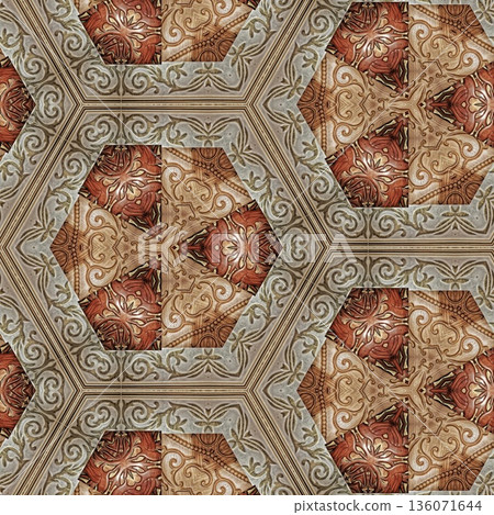Design features an elegant wooden carved pattern inspired by traditional craftsmanship. Intricate relief and natural wood textures add warmth and depth, ideal for tiles, flooring, wall covering Design features an elegant wooden carved pattern inspired by traditional craftsmanship. Intricate relief and natural wood textures add warmth and depth, ideal for tiles, flooring, wall covering 136071644