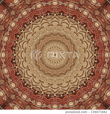 Design features an elegant wooden carved pattern inspired by traditional craftsmanship. Intricate relief and natural wood textures add warmth and depth, ideal for tiles, flooring, wall covering 136071662